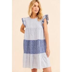 English Factory Ruffled Pockets Tiered Mini Dress Blue Size Large